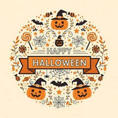Happy Halloween Greeting Card with Pumpkins, Bats, Spiders, Webs and Candy a Festive Halloween Illustration Design