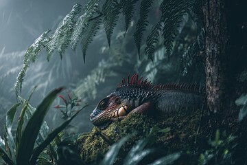A lizard rests amidst lush greenery in a misty rainforest