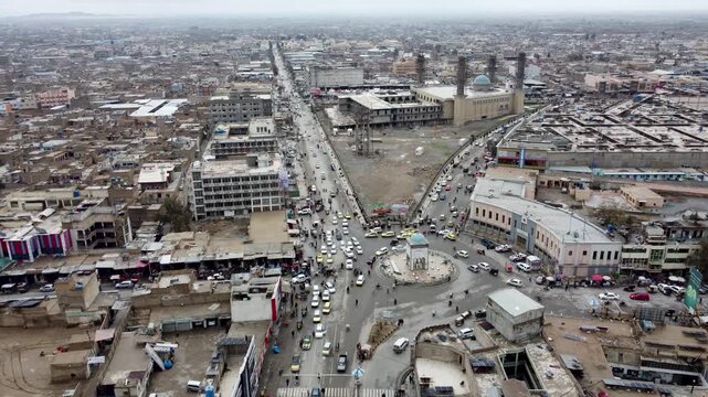 Drone aerial of Kandahar Martyrs square Shaheedano Chowk (Shaheedan Square, martyr's of Maiwand massacre) - blue shrine Afghanistan for liberation of Afghanistan from brits