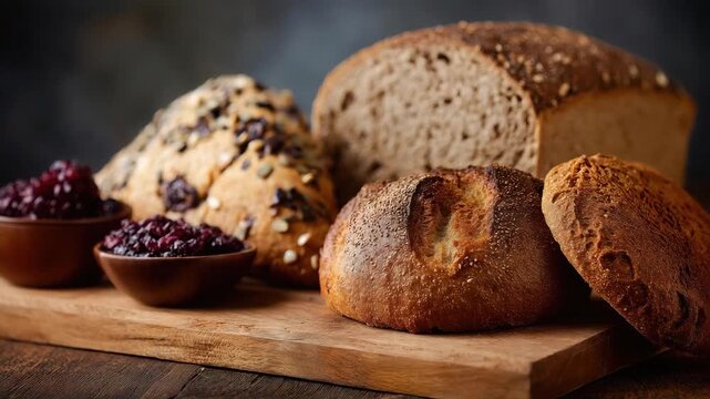 An elegant display of artisan breads accompanied by jars of homemade jams, showcasing the artistry of baking and the simple pleasures of enjoying quality food.