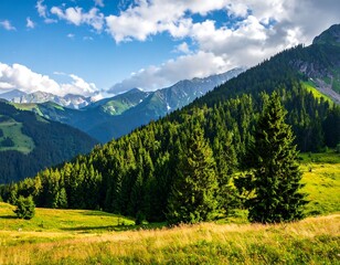 Fototapeta premium Lush alpine meadow with towering pines