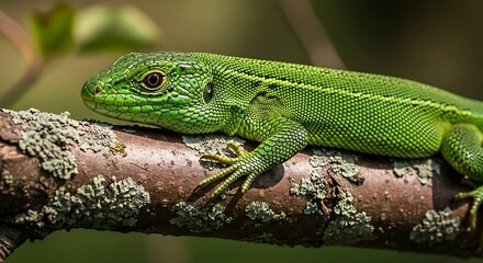 Obraz premium Close-up of a vibrant green lizard with detailed scales resting on a mossy tree branch
