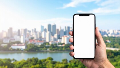 Holding a smartphone with a blank screen against a city background. Ideal for app mockups or digital content