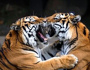 Two tigers face to face,  intensely interacting