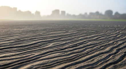 Tilled field with distant city skyline in morning mist