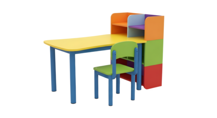 Colorful children's desk and chair set with storage shelves for playroom or bedroom