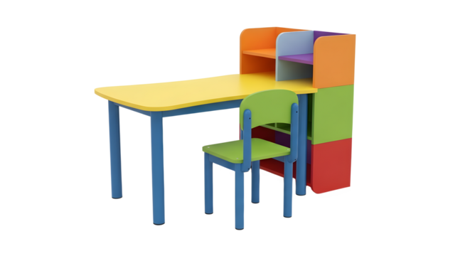 Colorful children's desk and chair set with storage shelves for playroom or bedroom