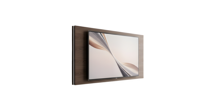 Modern flat screen television mounted on a wooden panel with abstract design art