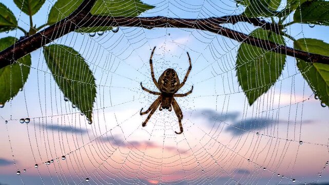 Spider resting on a dew-covered web against a colorful sunset sky with green leaves and branches