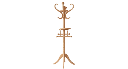 Wooden coat rack stands elegantly against a stark black studio backdrop alone