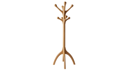 Wooden coat rack standing tall against a in a studio setting