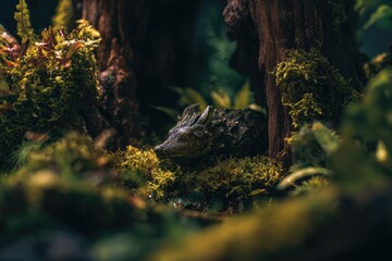 A small, dark creature nestled in a lush forest scene