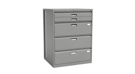 Gray metal filing cabinet with five drawers for office document organization