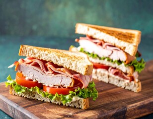 Two toasted turkey club sandwiches on a wooden board