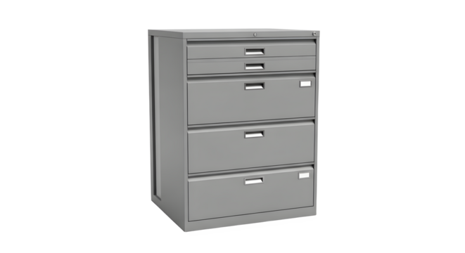 Gray metal filing cabinet with five drawers for office document organization