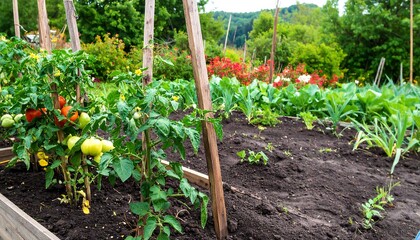 Garden beds with tomato plants, stakes, rich soil
