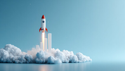 A rocket launching from a cloud city, symbolizing business startup and growth concept