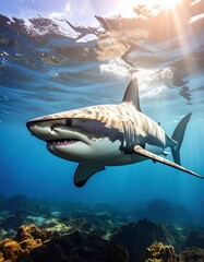 Naklejka premium Underwater shot of a great white shark swimming near the surface