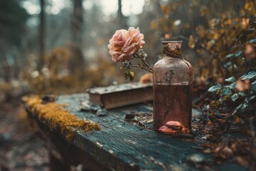 A faded rose, aged bottle, and weathered wood