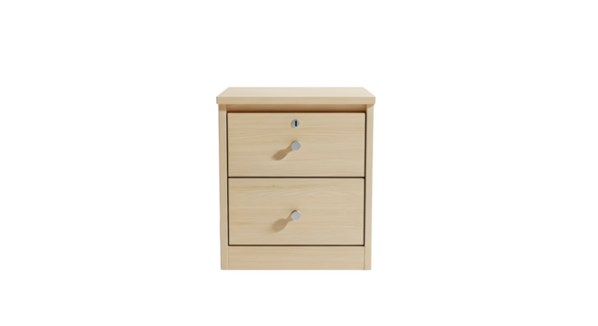 Light wood nightstand with two drawers and silver knobs against a
