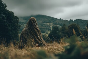 Person in camouflage sitting atop a hill