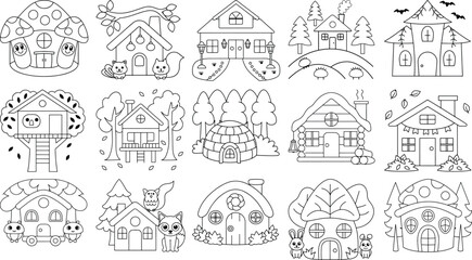 Collection of whimsical hand-drawn cartoon houses and dwellings in black and white line art home building