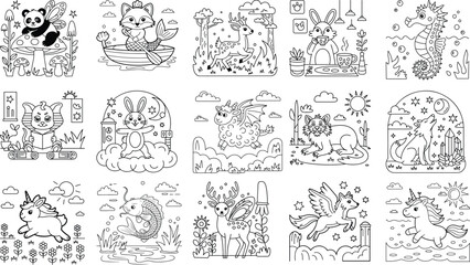 Naklejka premium Enchanting Fantasy Creatures and Animals in Whimsical Scenes for Coloring and Design Keywords: fantasy, creature, animal, illustration, drawing, outline, black and white, coloring, kids, children
