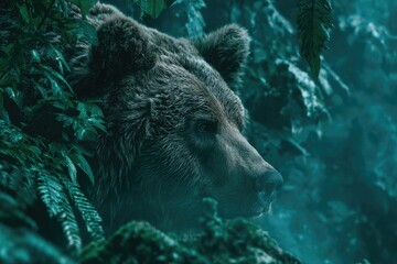 Close-up of a bear in a misty forest