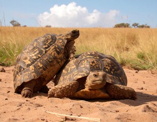 Two tortoises in a desert landscape