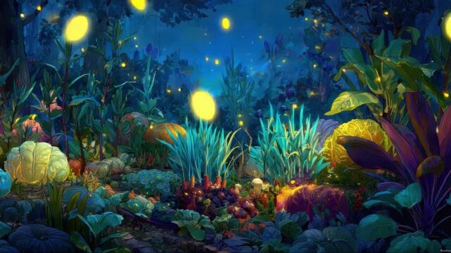 Luminous spheres casting soft light over nocturnal vegetable garden, yellow butterfly hovering near vibrant cabbages, pumpkins under twilight sky's gentle embrace