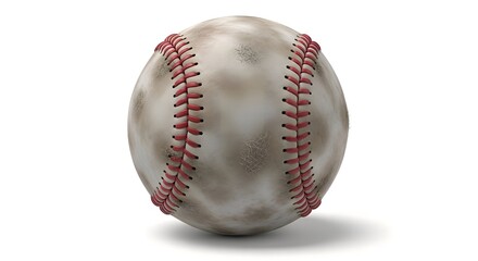 A detailed, close-up, 3D rendering of a dirty, scuffed, and worn baseball with red stitching, isolated against a pure white background