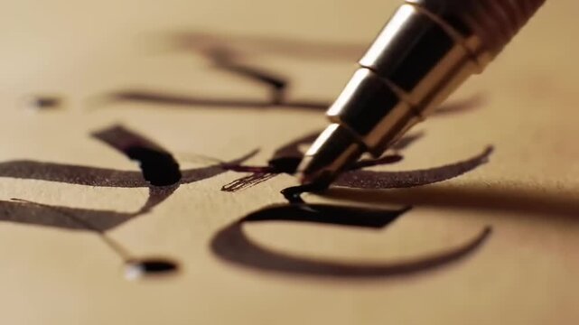 Calligraphy lettering with ink pen on paper close up artistic shot