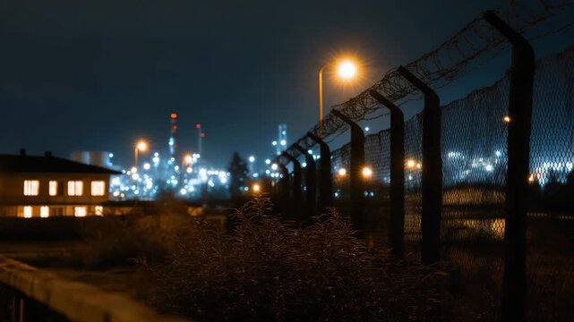 A nighttime image of an industrial area featuring a barbed wire fence, illuminated by soft lights in the background, capturing the essence of urban life and industry.