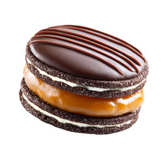 Chocolate alfajor biscuit with caramel filling closeup isolated on transparent background