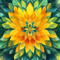 A radiant symphony of golden petals unfolds in an intricate kaleidoscope of fractal patterns, weaving nature’s artistry into mesmerizing optical illusions.