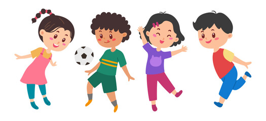 Set  of happy children playing with different poses, dancing, running, playing football. Playful kids vector for education.