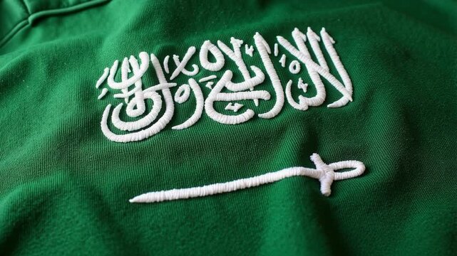 High-Quality 4K Video of an Embroidered Saudi Flag Patch - Symbol of National Pride, Perfect for Documentaries and Patriotic Projects. Authentic Detail!