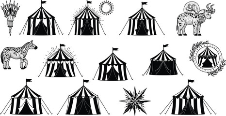 Circus tent silhouette, vintage torch, ram, horse, star emblem, carnival icons, black vector, entertainment, retro fair design