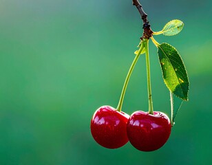 Two vibrant cherries on a branch against a soft green background