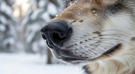 Naklejka premium Close-up of a wolf's wet black nose with snowflakes on fur in a snowy forest