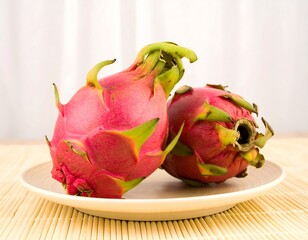 Two vibrant pink dragon fruits on a plate