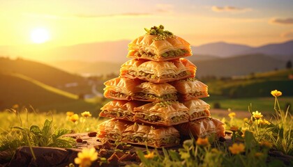 Stacked baklava on a grassy hill