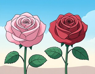 Two vibrant roses, pink and red, against a light blue sky