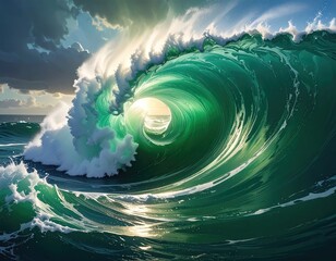 Emerald wave crests under cloudy sky