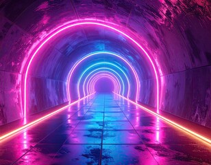 Neon-lit tunnel with circular lights