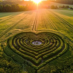 Heart maze in sunlit wheat field