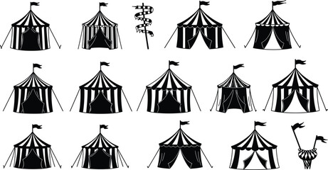 Circus tent silhouette, carnival pole, vintage fair icons, black vector, entertainment design, retro theme, flags, bunting, architecture