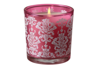 Pink candle in glass with white pattern isolated on transparent background