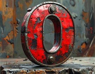 Industrial red metal letter O with a rusty, worn and distressed surface