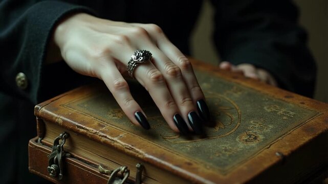Eerie Vampire Unveiling Ancient Secrets A captivating close up of a female vampire slowly opens a mysterious book of forgotten lore in 4k footage
